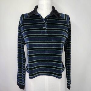 Levi's Size M Rugby Shirt Green Blue Cropped Velour Striped Collar Long Sleeve